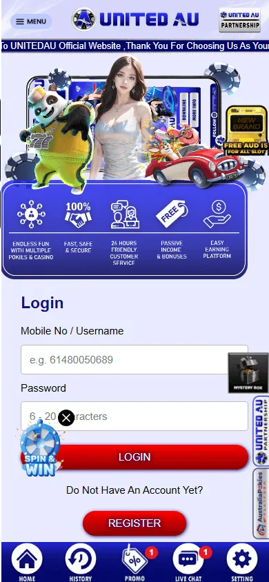 United Au Casino mobile home interface for Android and iOS gameplay