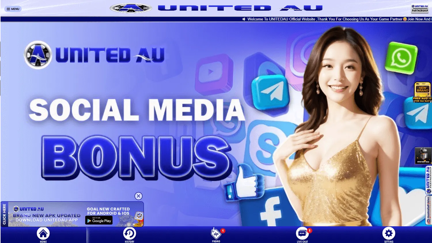 United Au Casino desktop home interface with AUD casino entertainment and promotional features