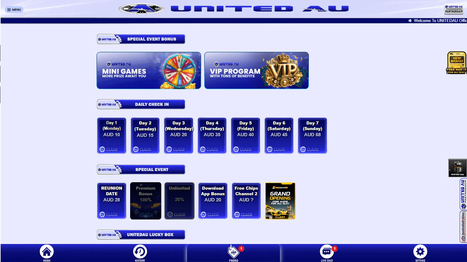 United Au Casino desktop promotions featuring welcome and member offers